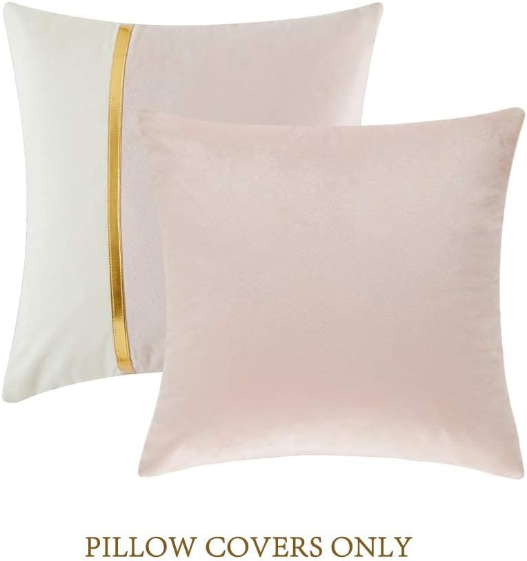 2 Packs Decorative Throw Pillow Covers 18x18 Inch for Living Room Couch Bedroom, Blush Pink and White Velvet Patchwork with Gold Leather, Luxury Modern Home Decor Cute Cushion Case 45x45 cm