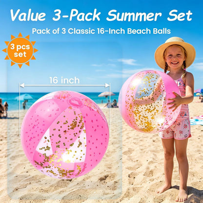 16 Inch Glitter Beach Ball, 3 Pcs, Pink