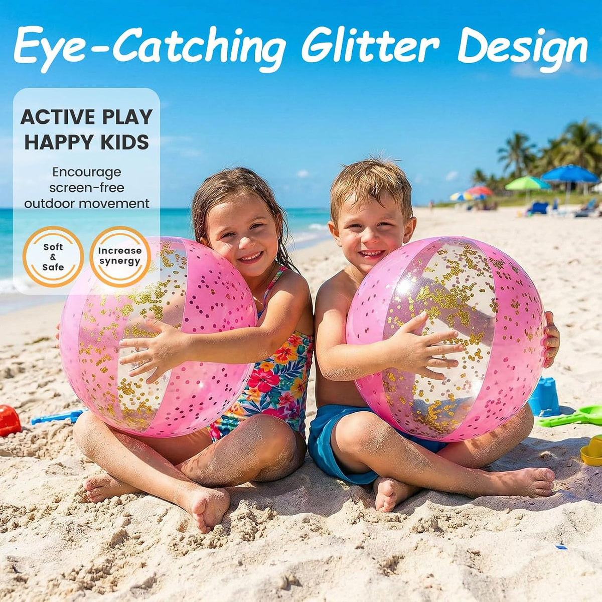 16 Inch Glitter Beach Ball, 3 Pcs, Pink