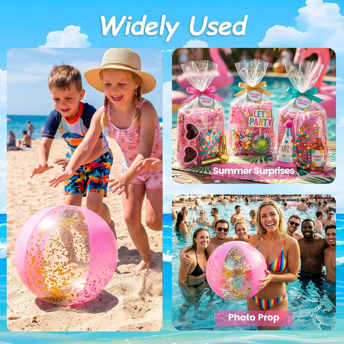 16 Inch Glitter Beach Ball, 3 Pcs, Pink