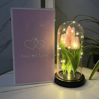 LED Tulip Lamp Artificial Flower Night Light Handmade Light up Tulips in Glass Dome Table Lamp Ornaments Desktop Decor - Battery Operated (Pink)