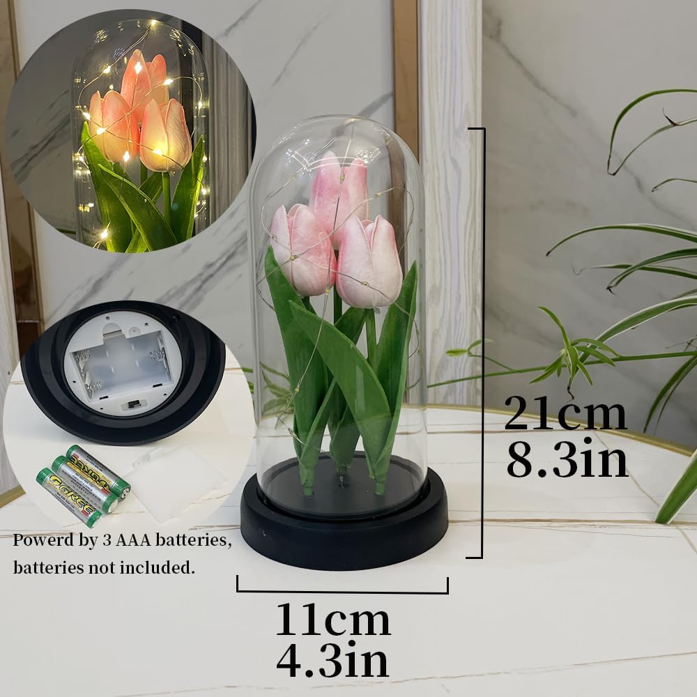 LED Tulip Lamp Artificial Flower Night Light Handmade Light up Tulips in Glass Dome Table Lamp Ornaments Desktop Decor - Battery Operated (Pink)