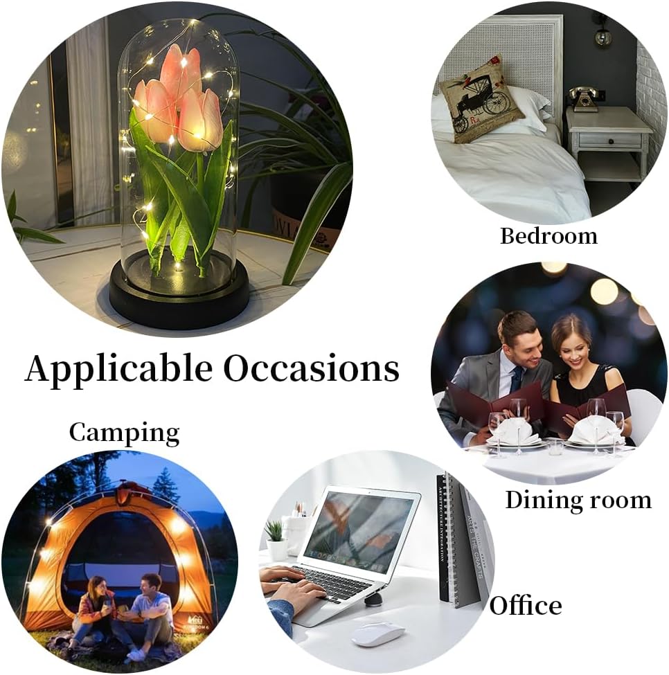LED Tulip Lamp Artificial Flower Night Light Handmade Light up Tulips in Glass Dome Table Lamp Ornaments Desktop Decor - Battery Operated (Pink)