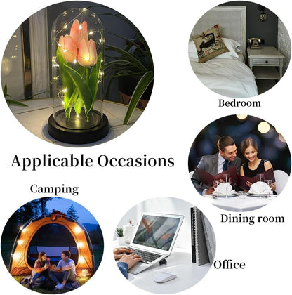 LED Tulip Lamp Artificial Flower Night Light Handmade Light up Tulips in Glass Dome Table Lamp Ornaments Desktop Decor - Battery Operated (Pink)