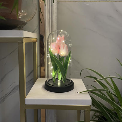 LED Tulip Lamp Artificial Flower Night Light Handmade Light up Tulips in Glass Dome Table Lamp Ornaments Desktop Decor - Battery Operated (Pink)