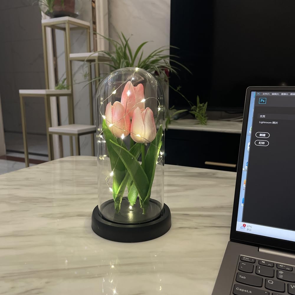 LED Tulip Lamp Artificial Flower Night Light Handmade Light up Tulips in Glass Dome Table Lamp Ornaments Desktop Decor - Battery Operated (Pink)