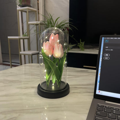 LED Tulip Lamp Artificial Flower Night Light Handmade Light up Tulips in Glass Dome Table Lamp Ornaments Desktop Decor - Battery Operated (Pink)