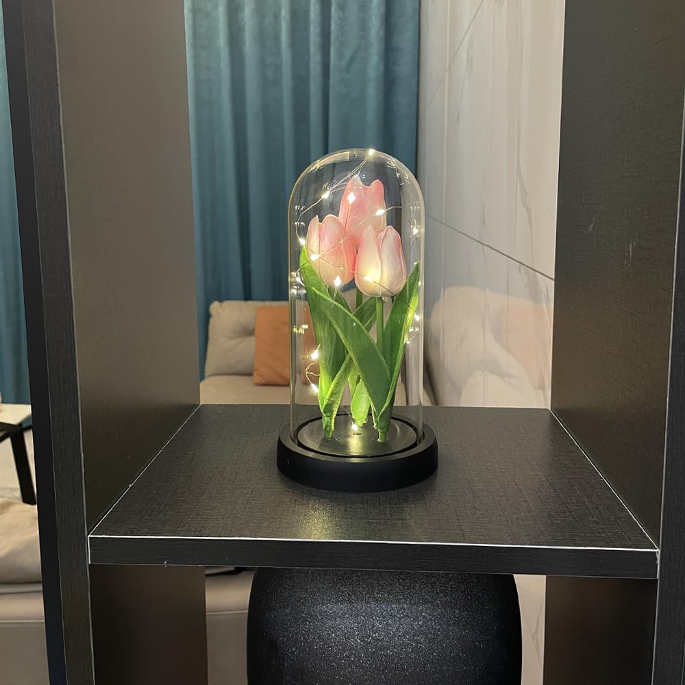 LED Tulip Lamp Artificial Flower Night Light Handmade Light up Tulips in Glass Dome Table Lamp Ornaments Desktop Decor - Battery Operated (Pink)