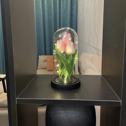 LED Tulip Lamp Artificial Flower Night Light Handmade Light up Tulips in Glass Dome Table Lamp Ornaments Desktop Decor - Battery Operated (Pink)