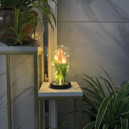 LED Tulip Lamp Artificial Flower Night Light Handmade Light up Tulips in Glass Dome Table Lamp Ornaments Desktop Decor - Battery Operated (Pink)