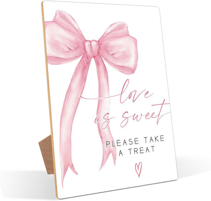 Pink Bow Theme Wooden Wedding Signs, Love is Sweet Sign, Bridal Shower Centerpieces for Tables, Couples Wedding Shower Decorations, Table Decor for Engagement, Proposal and Anniversary, 12