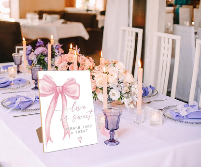 Pink Bow Theme Wooden Wedding Signs, Love is Sweet Sign, Bridal Shower Centerpieces for Tables, Couples Wedding Shower Decorations, Table Decor for Engagement, Proposal and Anniversary, 12