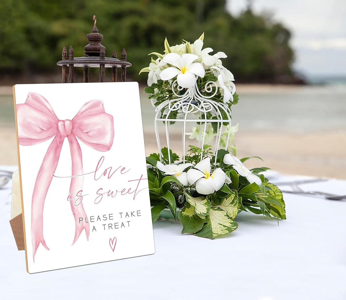 Pink Bow Theme Wooden Wedding Signs, Love is Sweet Sign, Bridal Shower Centerpieces for Tables, Couples Wedding Shower Decorations, Table Decor for Engagement, Proposal and Anniversary, 12
