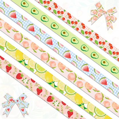 6 Rolls 18 Yards Fruit Ribbons, 3/8" Blue White Buffalo Plaid Grosgrain Ribbons Watermelon Avocado Cherry Strawberry Peach Lemon Pattern Ribbon for Home Summer Spring Party Gift Wrapping Crafts