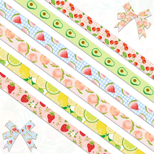 6 Rolls 18 Yards Fruit Ribbons, 3/8" Blue White Buffalo Plaid Grosgrain Ribbons Watermelon Avocado Cherry Strawberry Peach Lemon Pattern Ribbon for Home Summer Spring Party Gift Wrapping Crafts