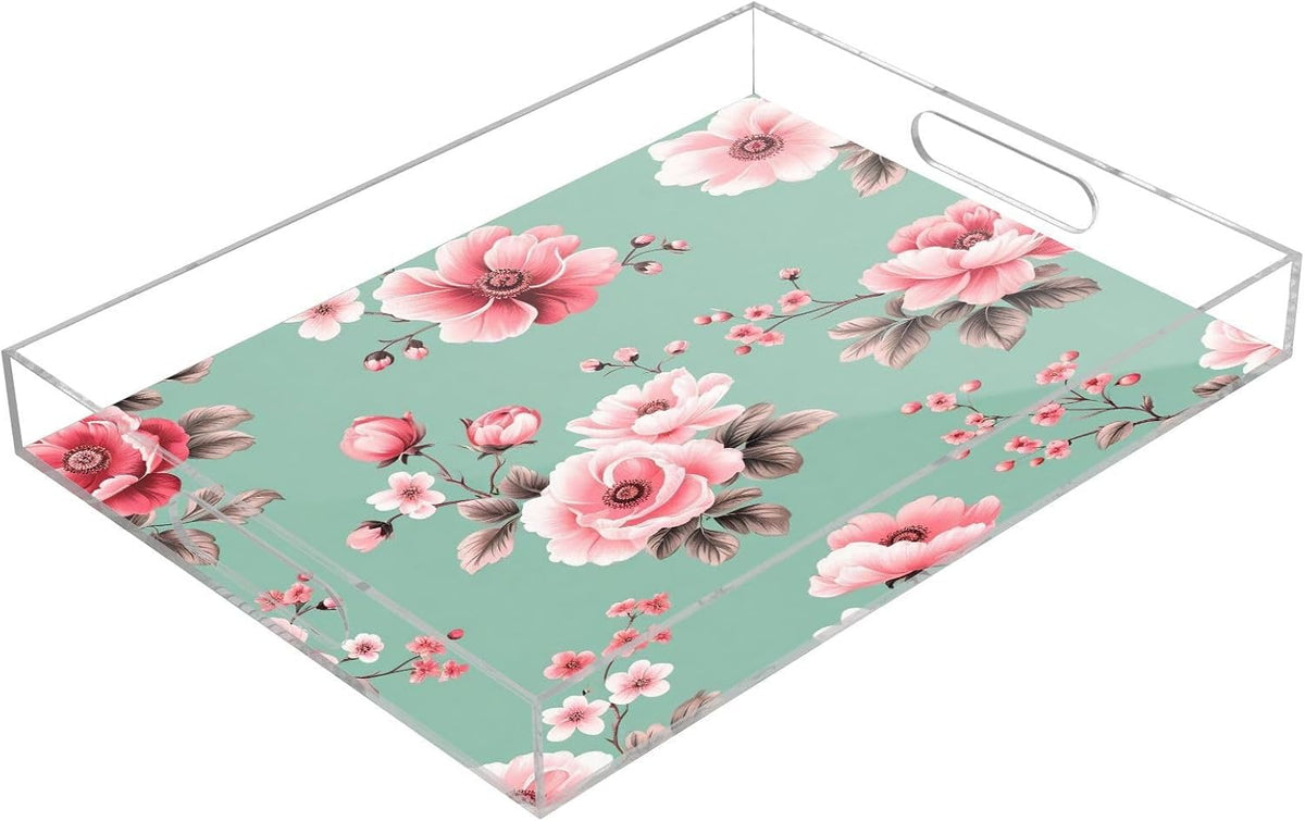 Pink Floral Pattern Serving Tray with Handles, 12x16 Inch Decorative Acrylic Tray Organizer, Multi-Purpose Sturdy Serving Platter for Coffee Table, Kitchen, Vanity, Nightstand