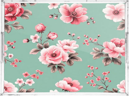 Pink Floral Pattern Serving Tray with Handles, 12x16 Inch Decorative Acrylic Tray Organizer, Multi-Purpose Sturdy Serving Platter for Coffee Table, Kitchen, Vanity, Nightstand