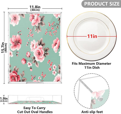 Pink Floral Pattern Serving Tray with Handles, 12x16 Inch Decorative Acrylic Tray Organizer, Multi-Purpose Sturdy Serving Platter for Coffee Table, Kitchen, Vanity, Nightstand