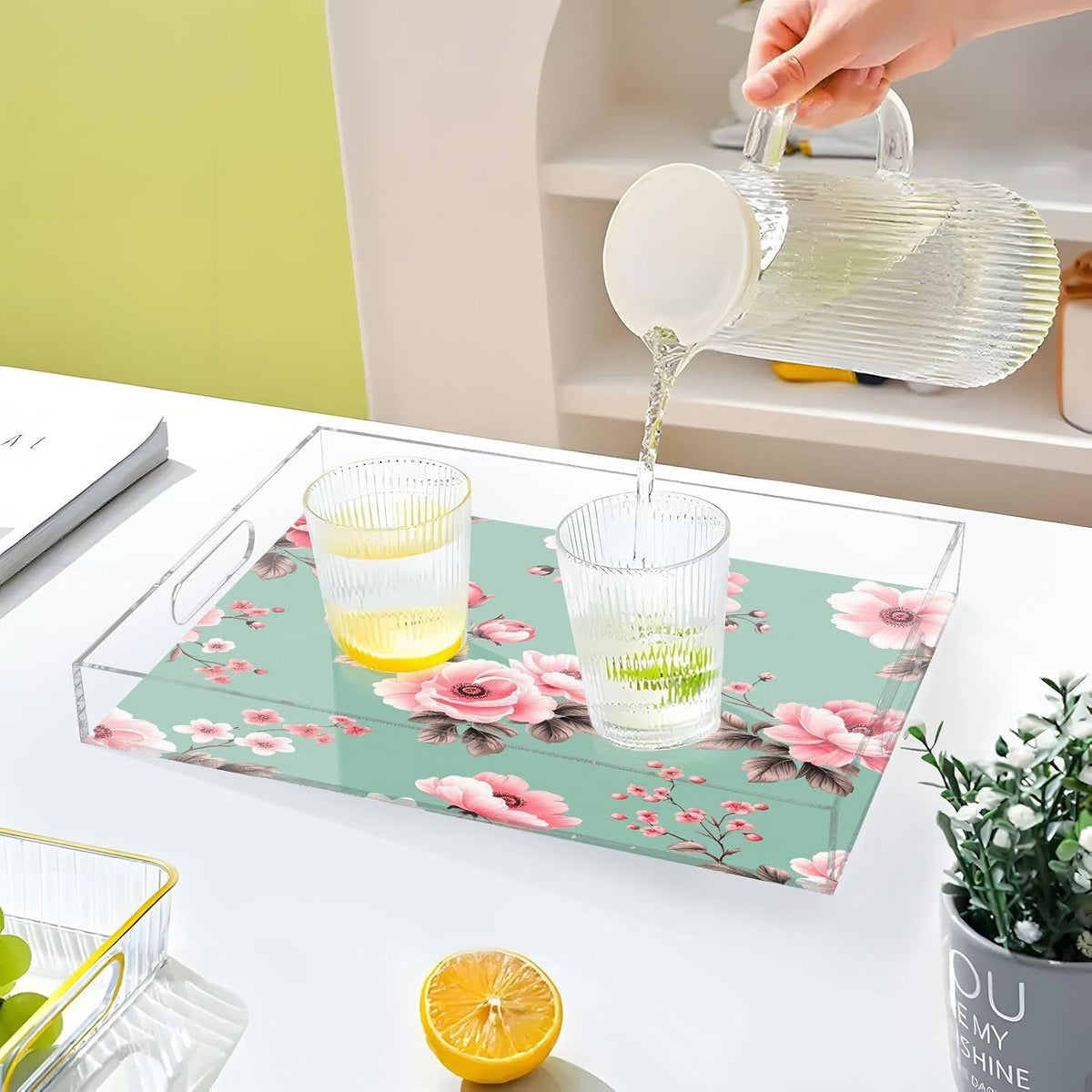 Pink Floral Pattern Serving Tray with Handles, 12x16 Inch Decorative Acrylic Tray Organizer, Multi-Purpose Sturdy Serving Platter for Coffee Table, Kitchen, Vanity, Nightstand