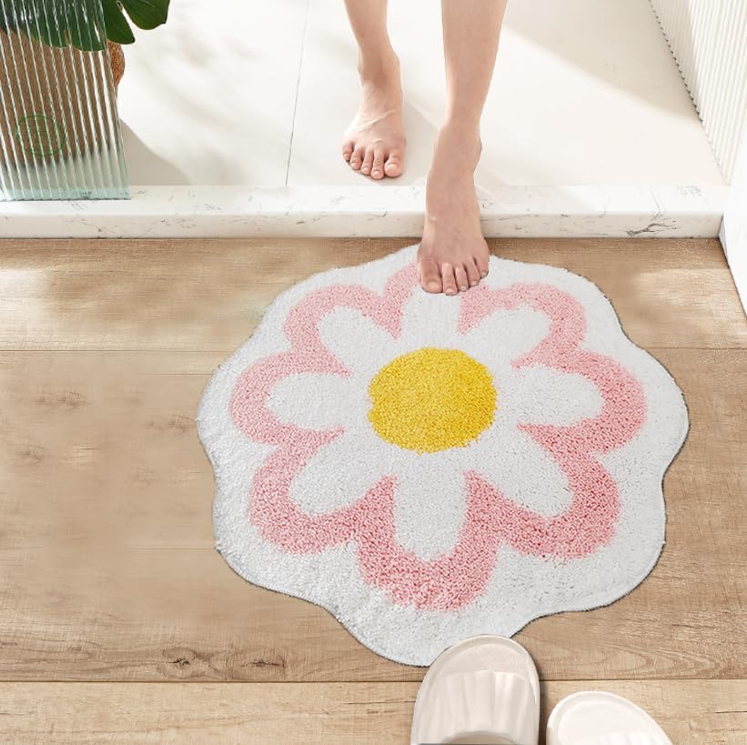 YRXRUS Flower Bath Mat, Light Pink Bathroom Rug, Beauty Bath Mats, Ultra Soft Microfiber Bath Rug, Machine Washable Flower Rug, Shower Bathtub Mat Gift Aesthetic Summer Room Decor, 23.6x23.6 in