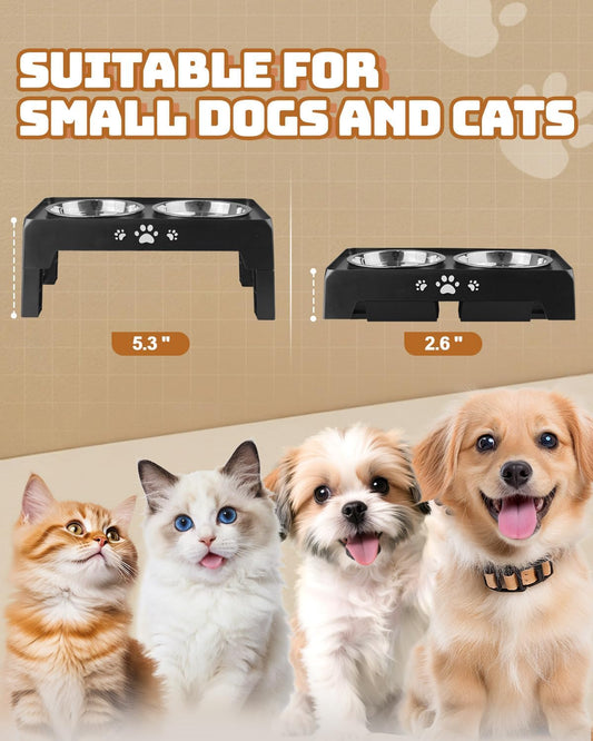 Jovrun Elevated Dog Bowls for Small Dogs and Cats, Non-Slip Cat Bowls with 2 Thick 5.5" Stainless Steel Dishes, Dog Feeder 2 Heights Adjustable to 2.6"-5.3"