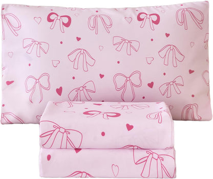 Pink Bow Kids Sheet Set Twin 3Pcs Girls Bowknot Heart Dots Printed