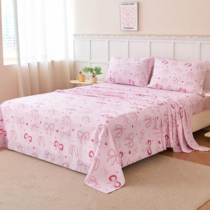 Pink Bow Kids Sheet Set Twin 3Pcs Girls Bowknot Heart Dots Printed