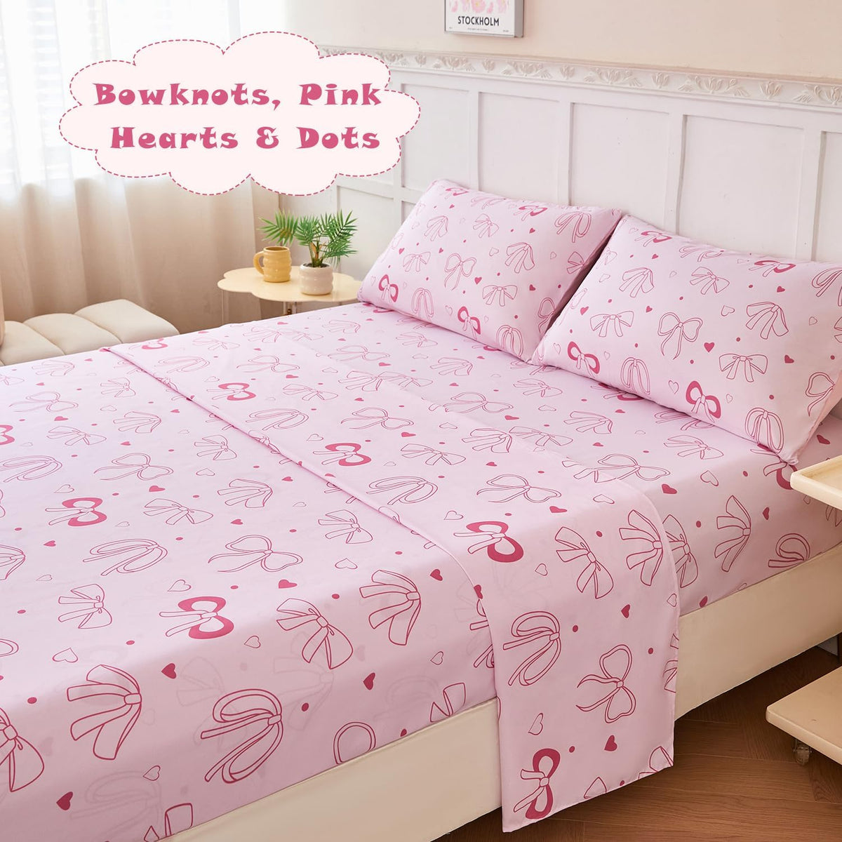 Pink Bow Kids Sheet Set Twin 3Pcs Girls Bowknot Heart Dots Printed