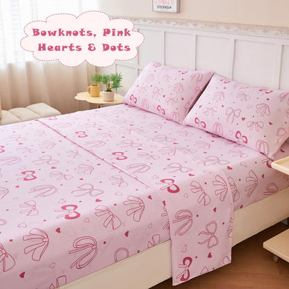 Pink Bow Kids Sheet Set Twin 3Pcs Girls Bowknot Heart Dots Printed