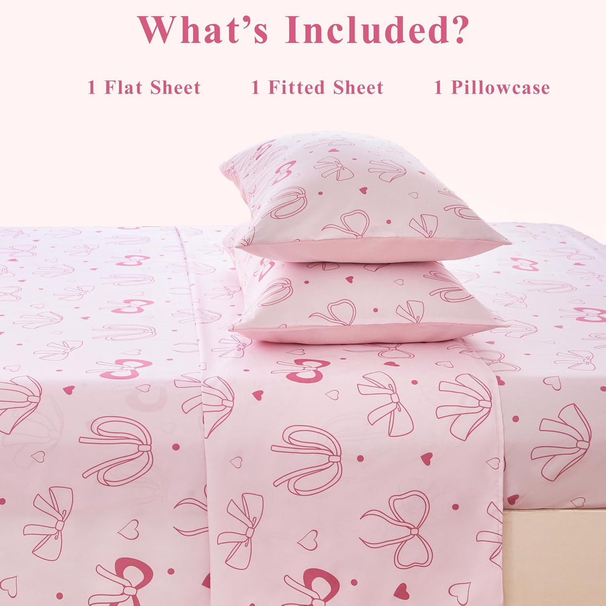 Pink Bow Kids Sheet Set Twin 3Pcs Girls Bowknot Heart Dots Printed