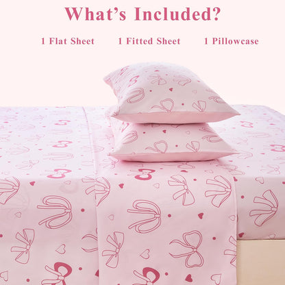 Pink Bow Kids Sheet Set Twin 3Pcs Girls Bowknot Heart Dots Printed