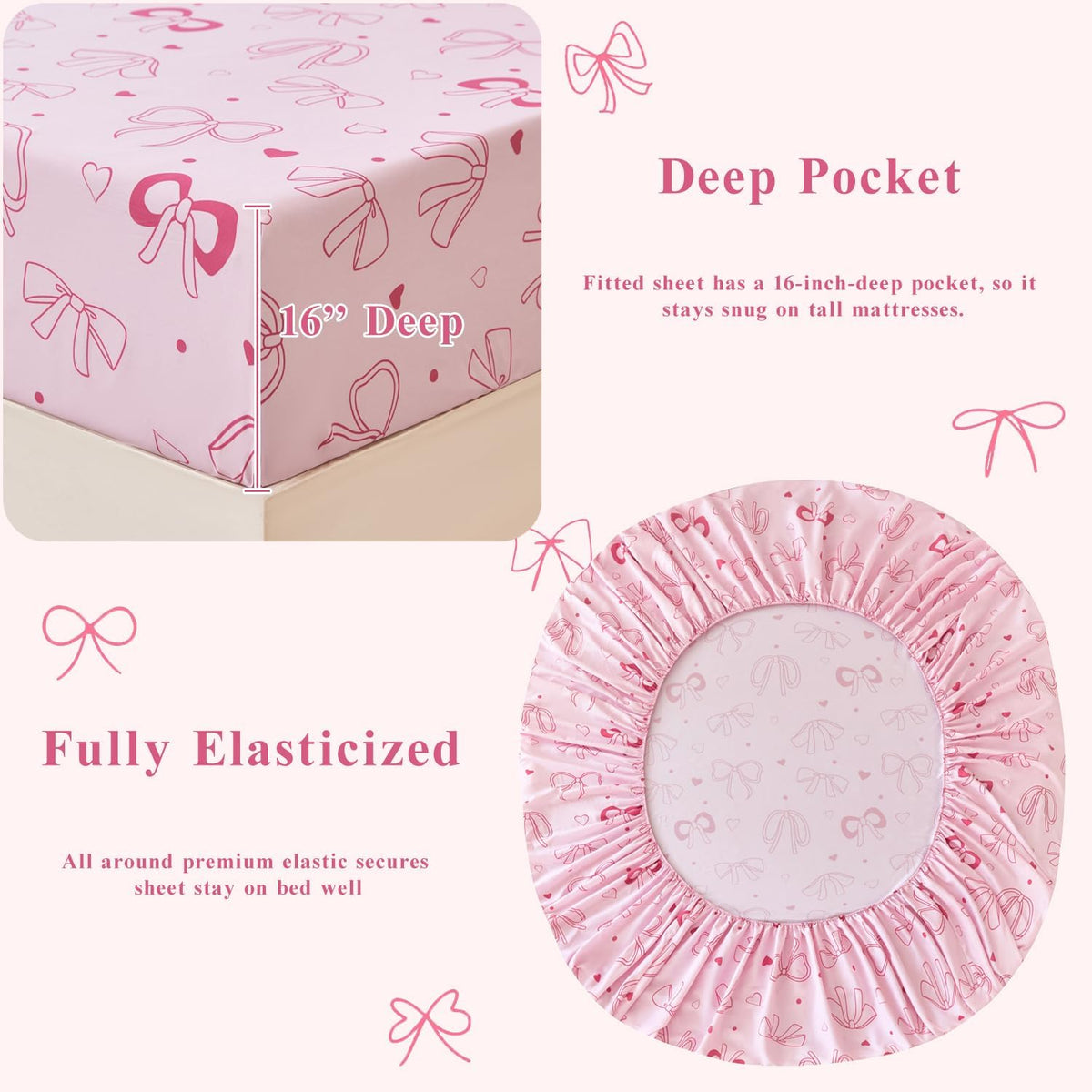 Pink Bow Kids Sheet Set Twin 3Pcs Girls Bowknot Heart Dots Printed