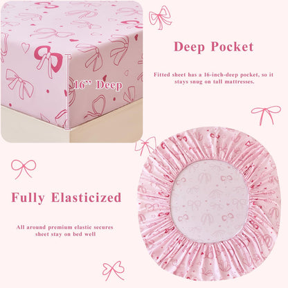 Pink Bow Kids Sheet Set Twin 3Pcs Girls Bowknot Heart Dots Printed