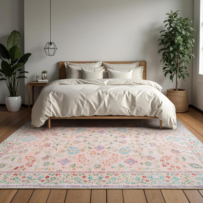 Area Rug 4x6, Washable Faux Wool Throw Rugs for Living Room, Non Slip Low Pile Vintage Boho Carpet for Dining Room, Home Office, Bedroom, Kids Room, Bedside (Pink)