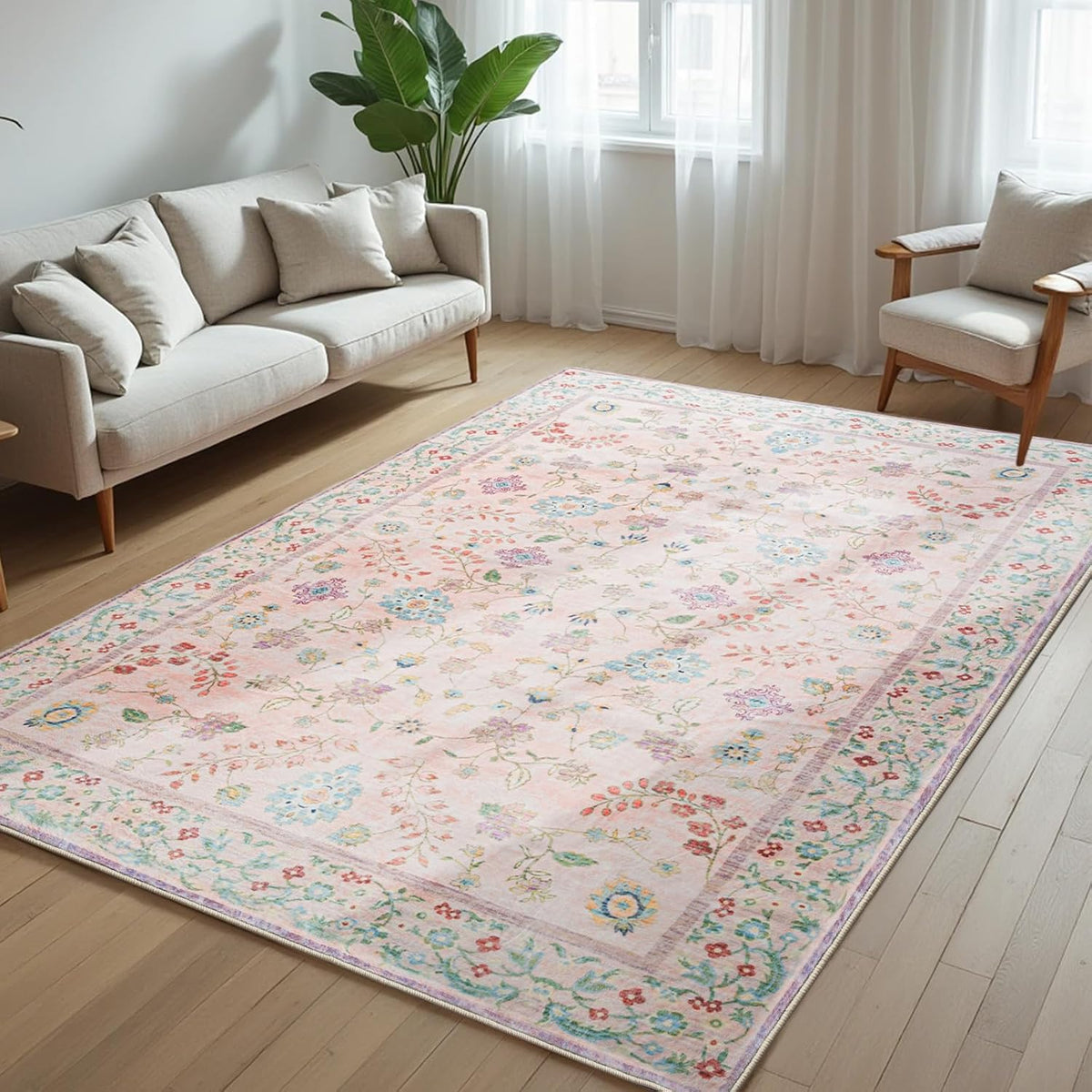 Area Rug 4x6, Washable Faux Wool Throw Rugs for Living Room, Non Slip Low Pile Vintage Boho Carpet for Dining Room, Home Office, Bedroom, Kids Room, Bedside (Pink)