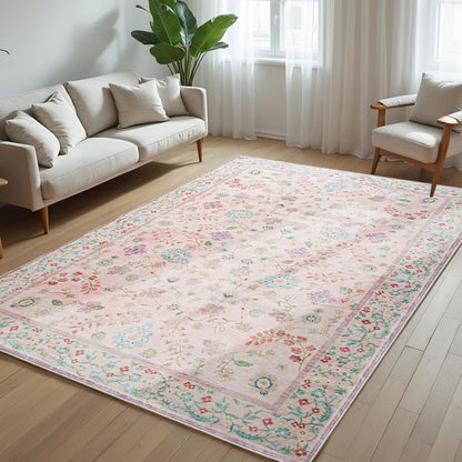 Area Rug 4x6, Washable Faux Wool Throw Rugs for Living Room, Non Slip Low Pile Vintage Boho Carpet for Dining Room, Home Office, Bedroom, Kids Room, Bedside (Pink)