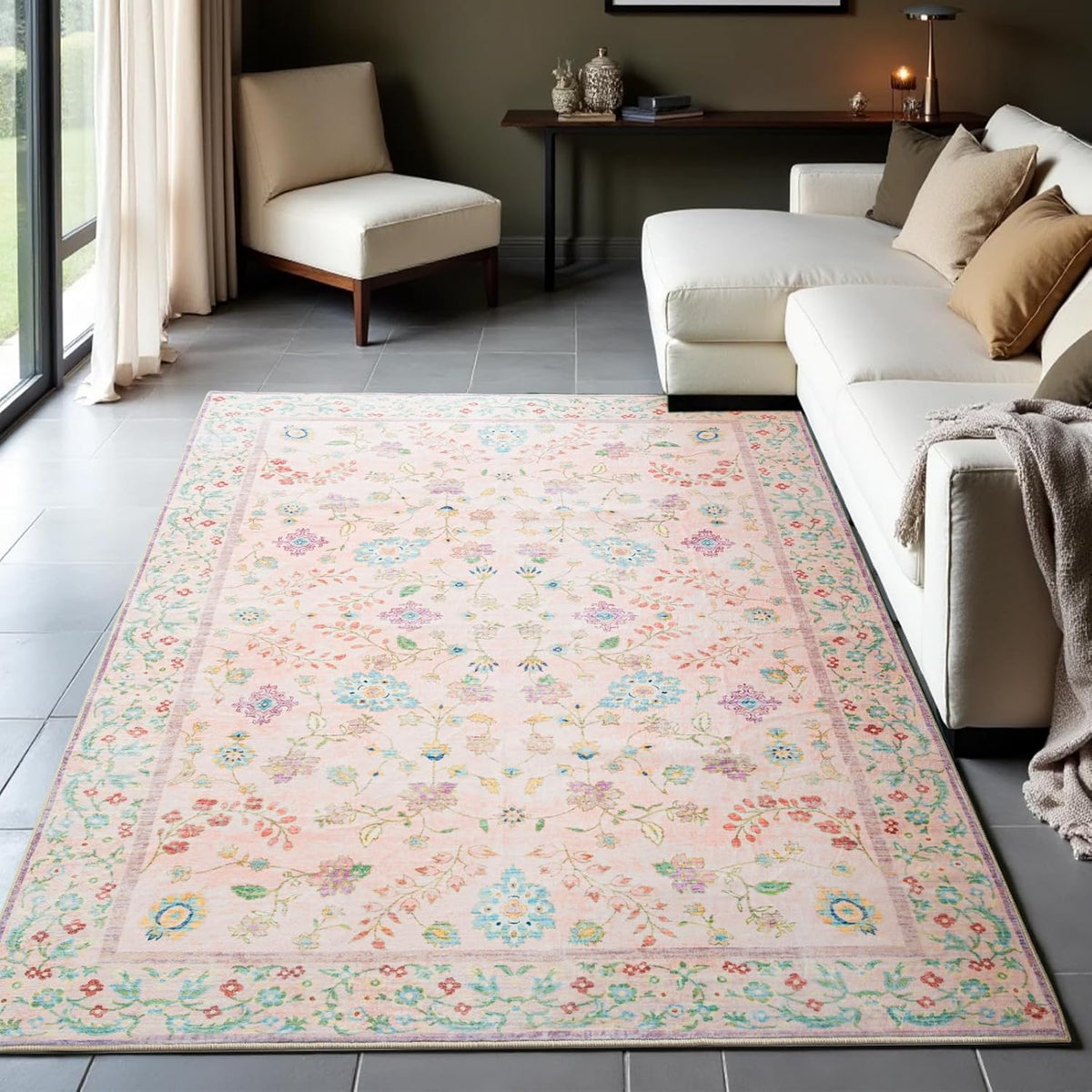 Area Rug 4x6, Washable Faux Wool Throw Rugs for Living Room, Non Slip Low Pile Vintage Boho Carpet for Dining Room, Home Office, Bedroom, Kids Room, Bedside (Pink)