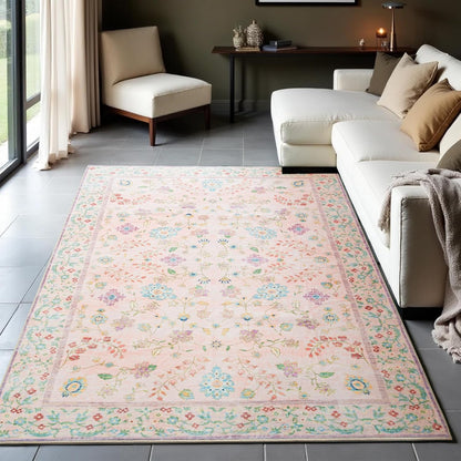 Area Rug 4x6, Washable Faux Wool Throw Rugs for Living Room, Non Slip Low Pile Vintage Boho Carpet for Dining Room, Home Office, Bedroom, Kids Room, Bedside (Pink)
