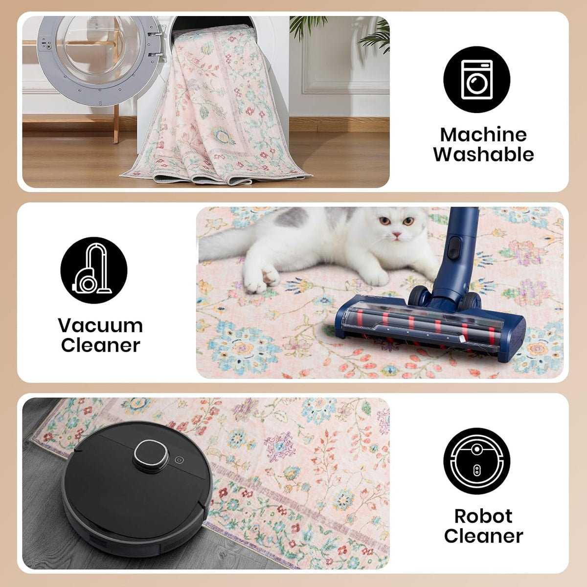 Area Rug 4x6, Washable Faux Wool Throw Rugs for Living Room, Non Slip Low Pile Vintage Boho Carpet for Dining Room, Home Office, Bedroom, Kids Room, Bedside (Pink)