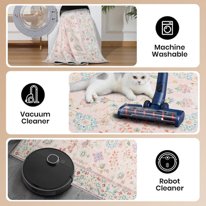 Area Rug 4x6, Washable Faux Wool Throw Rugs for Living Room, Non Slip Low Pile Vintage Boho Carpet for Dining Room, Home Office, Bedroom, Kids Room, Bedside (Pink)