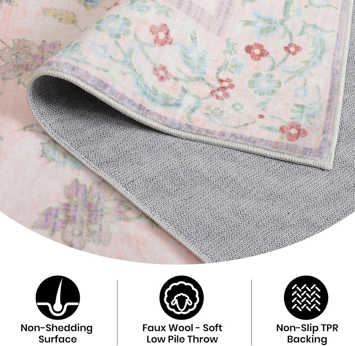 Area Rug 4x6, Washable Faux Wool Throw Rugs for Living Room, Non Slip Low Pile Vintage Boho Carpet for Dining Room, Home Office, Bedroom, Kids Room, Bedside (Pink)