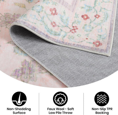 Area Rug 4x6, Washable Faux Wool Throw Rugs for Living Room, Non Slip Low Pile Vintage Boho Carpet for Dining Room, Home Office, Bedroom, Kids Room, Bedside (Pink)
