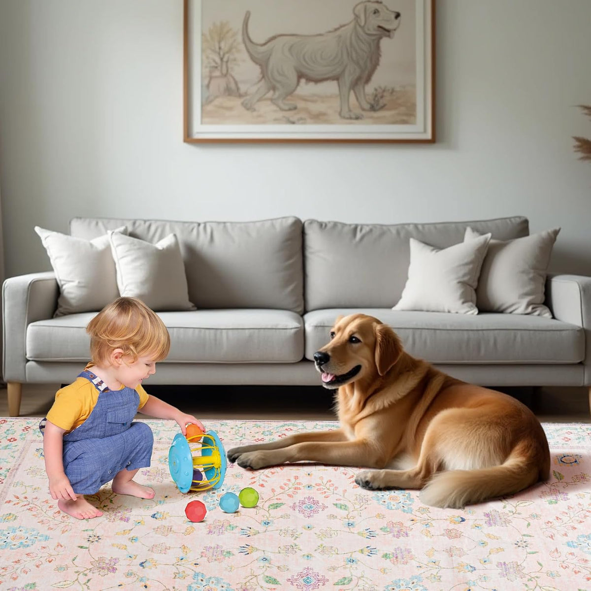 Area Rug 4x6, Washable Faux Wool Throw Rugs for Living Room, Non Slip Low Pile Vintage Boho Carpet for Dining Room, Home Office, Bedroom, Kids Room, Bedside (Pink)
