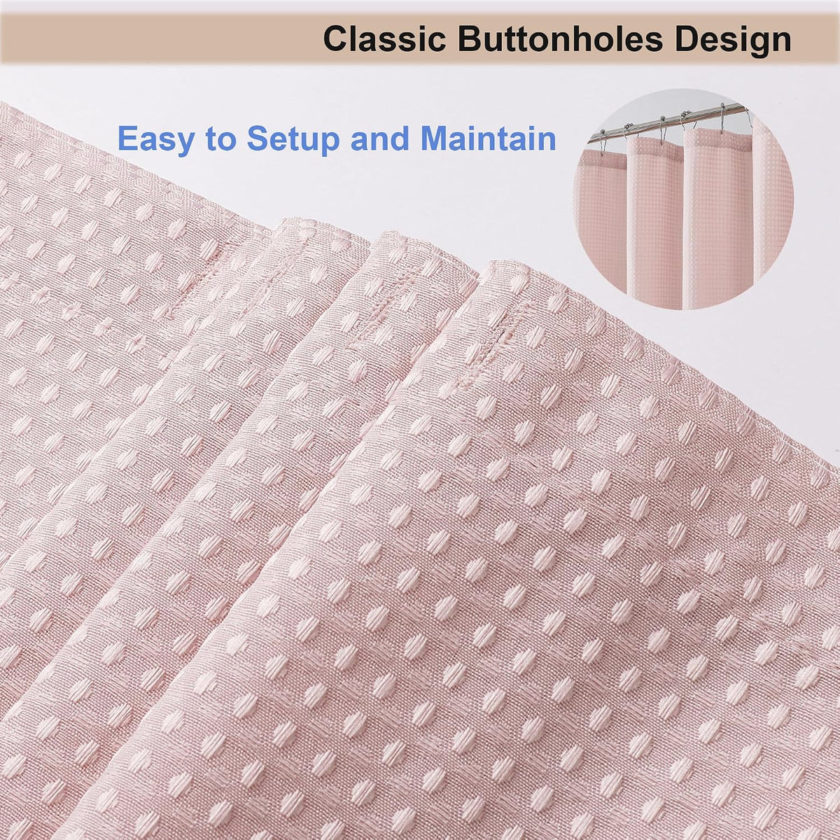 Blush Waffle Weave Fabric Shower Curtain, Textured Heavy Cloth Shower Curtains for Bathroom, Water Repellent Soft Hotel Spa Luxury Elegant Bath Curtain, Machine Washable, Blush, 72x78 Inch