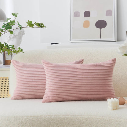 12x20 Pillow Covers Set of 2 Rectangle Throw Pillow Striped Corduroy Oblong Throw Pillowcases for Lumbar Pillows Girl's Room Decor 12 x 20 inch, Baby Pink