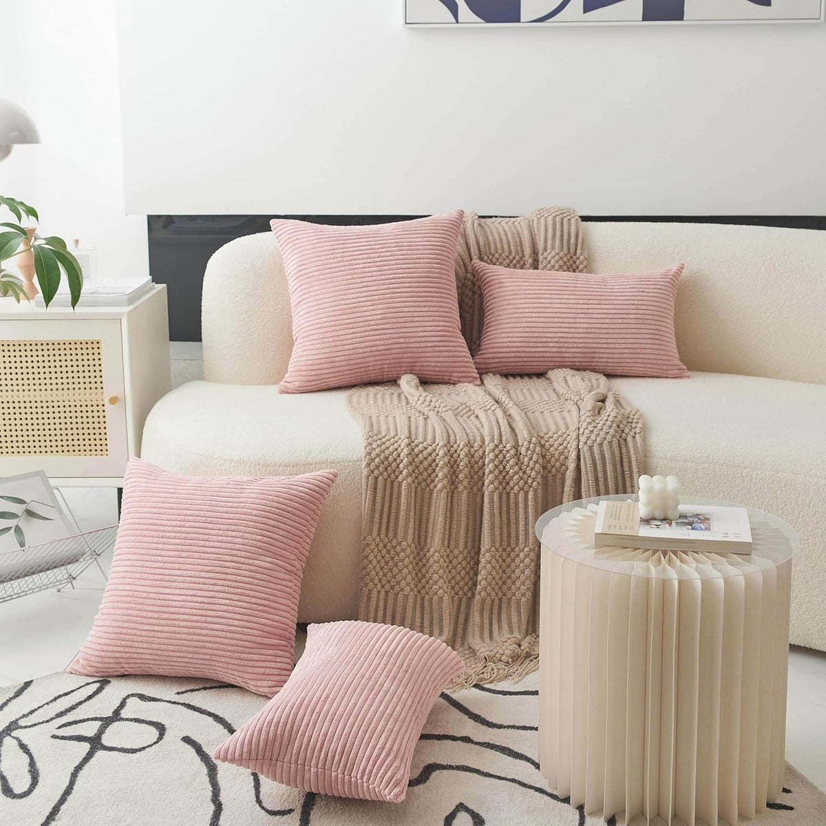 12x20 Pillow Covers Set of 2 Rectangle Throw Pillow Striped Corduroy Oblong Throw Pillowcases for Lumbar Pillows Girl's Room Decor 12 x 20 inch, Baby Pink
