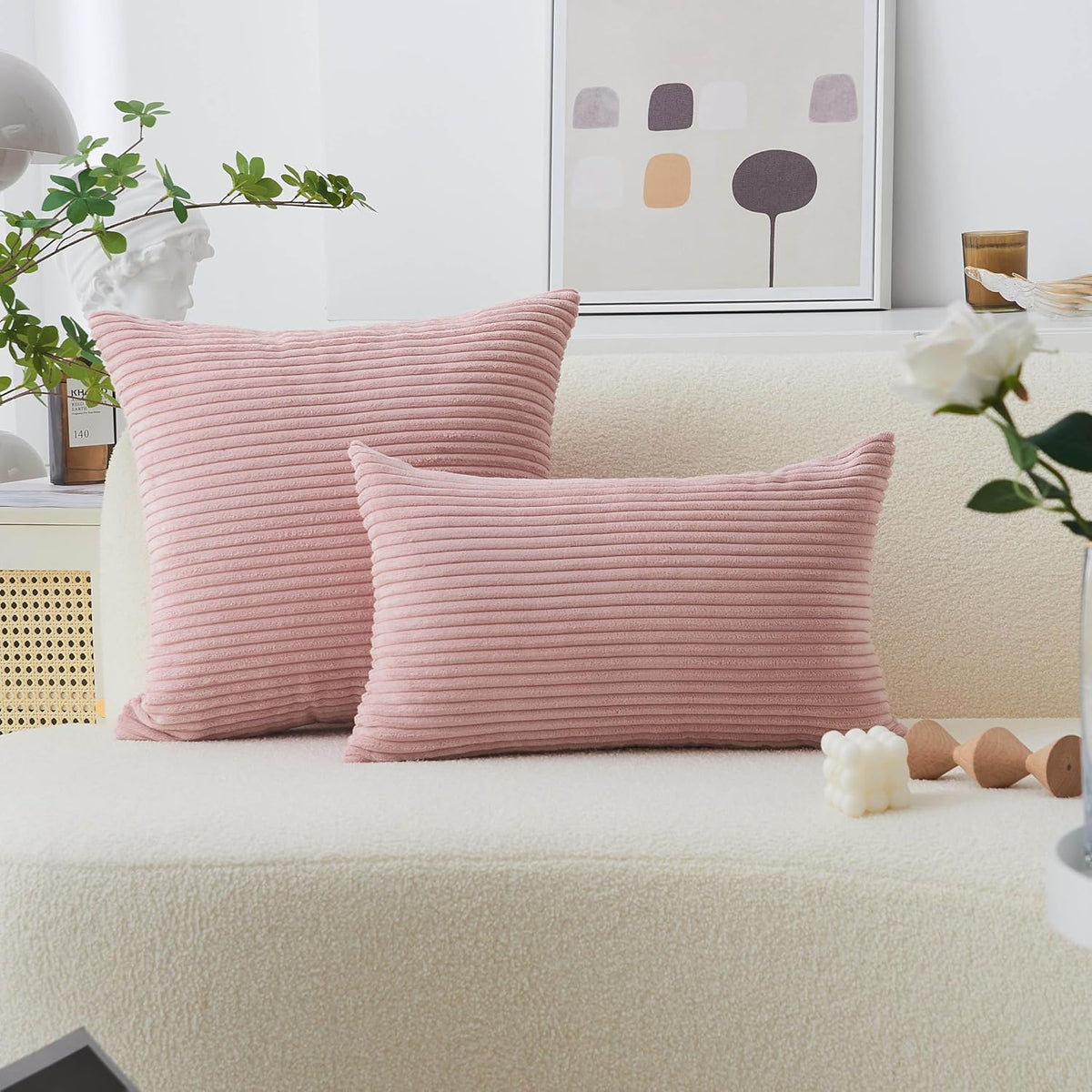 12x20 Pillow Covers Set of 2 Rectangle Throw Pillow Striped Corduroy Oblong Throw Pillowcases for Lumbar Pillows Girl's Room Decor 12 x 20 inch, Baby Pink