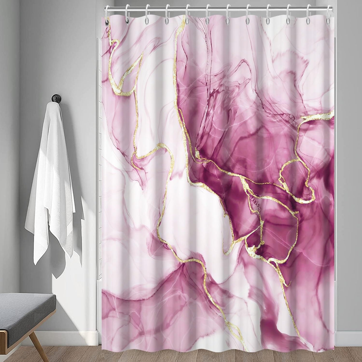 Pink Marble Shower Curtain with Hooks for Bathroom 72x72 Inch