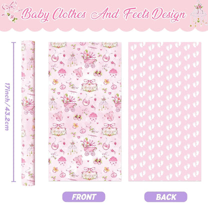 Baby Girl Wrapping Paper Roll - 1 Roll 17” x 9.8 ft Baby Shower Wrapping Paper for Birthday Party Pink Girl Gift Packing Supply Baby Shower Design Reversible Footprint Print