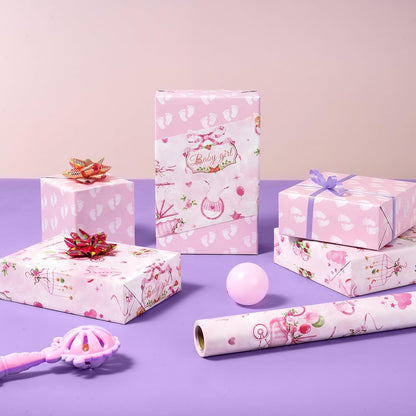 Baby Girl Wrapping Paper Roll - 1 Roll 17” x 9.8 ft Baby Shower Wrapping Paper for Birthday Party Pink Girl Gift Packing Supply Baby Shower Design Reversible Footprint Print